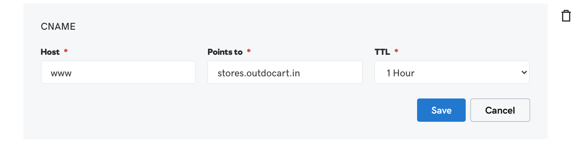 Edit CNAME record, add stores.outdocart.in in Points to, and click Save